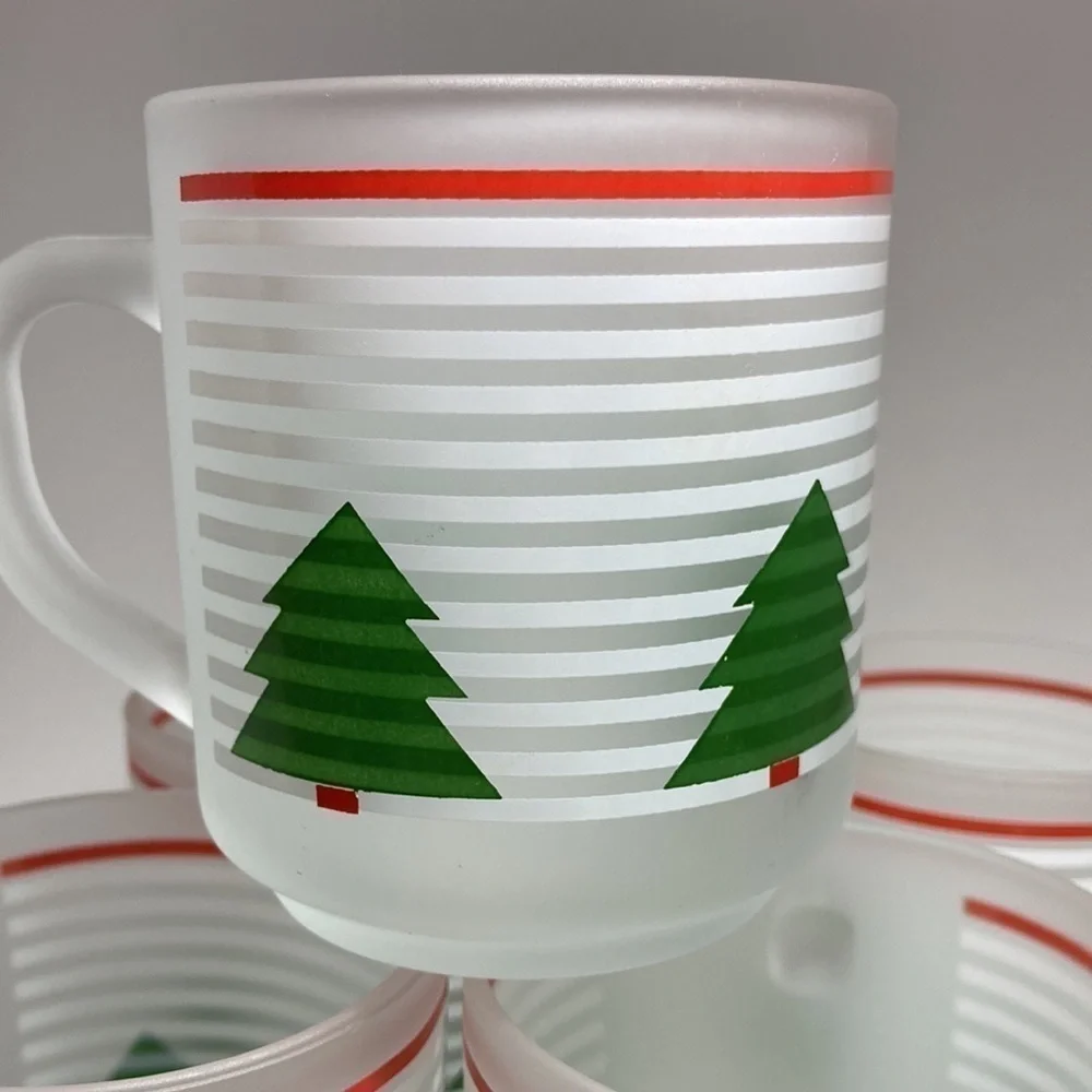 Christmas Tree Frosted Striped Mugs Luminarc Macy's Exclusive Set of 7 - Picture 3 of 5